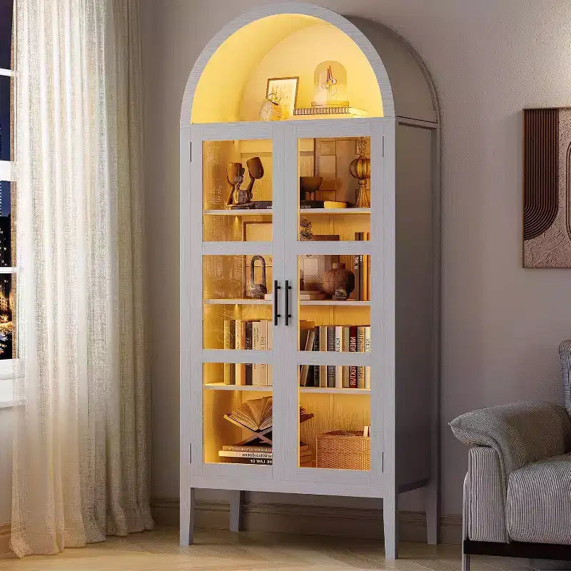 Cantinetta ad arco con luci a LED - Mobile credenza bianco indipendente con ante in vetro per cucina, sala da pranzo