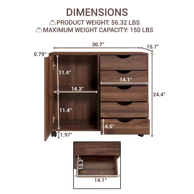 Home Imports Emporium Cassettiera Classificatore da Ufficio a 5 Cassetti con Scaffali e Cassetti Mobili