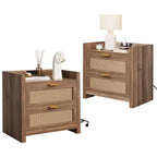 Night Stand Set of 2, Modern Nightstand , Bedside Tables with 2 PE Rattan Drawers, Rattan Nightstands for Bedroom Living Room