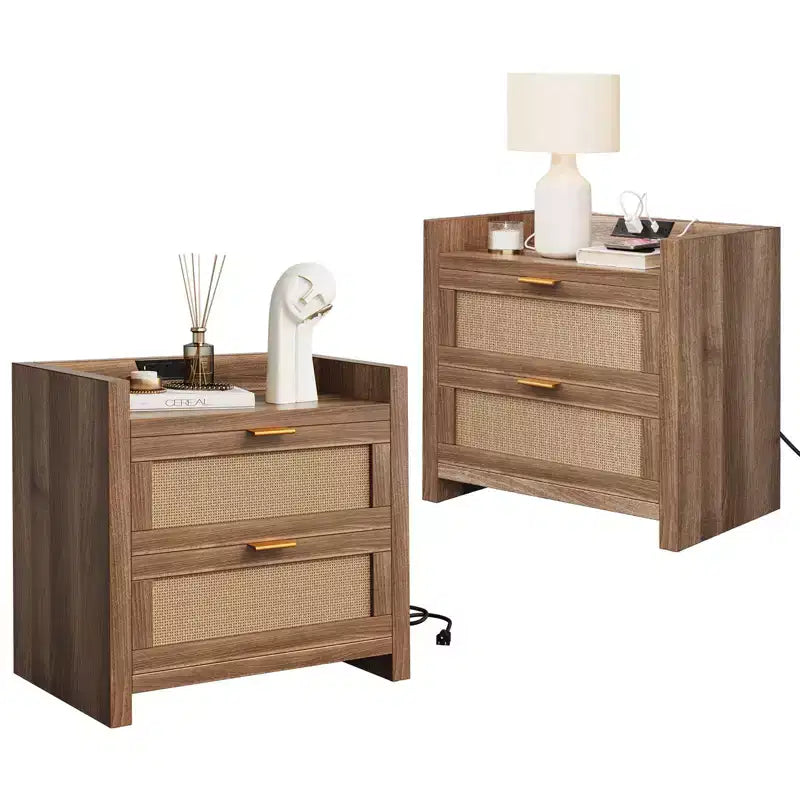 Night Stand Set of 2, Modern Nightstand , Bedside Tables with 2 PE Rattan Drawers, Rattan Nightstands for Bedroom Living Room