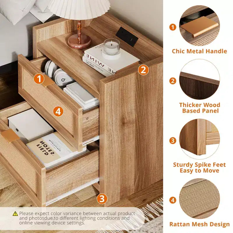 Set di 2 comodini, comodino moderno, comodini con 2 cassetti in PE Rattan, comodini in rattan per camera da letto e soggiorno