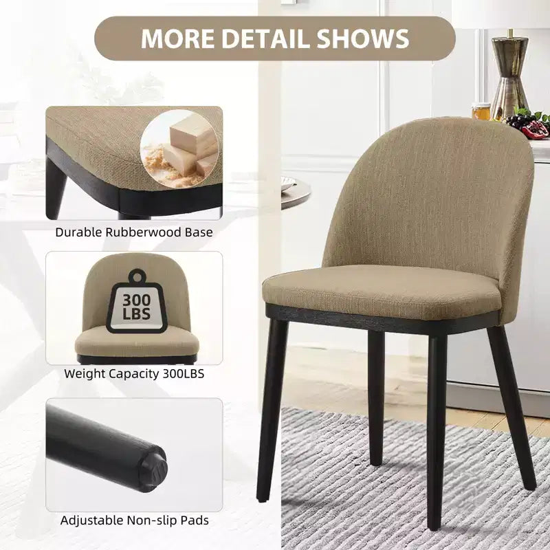 Set di 2 sedie da pranzo senza braccioli con schienale curvo e gambe in legno per ristorante/caffè, moderne rivestite in tessuto