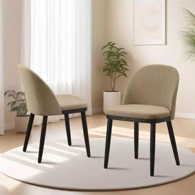 Set di 2 sedie da pranzo senza braccioli con schienale curvo e gambe in legno per ristorante/caffè, moderne rivestite in tessuto
