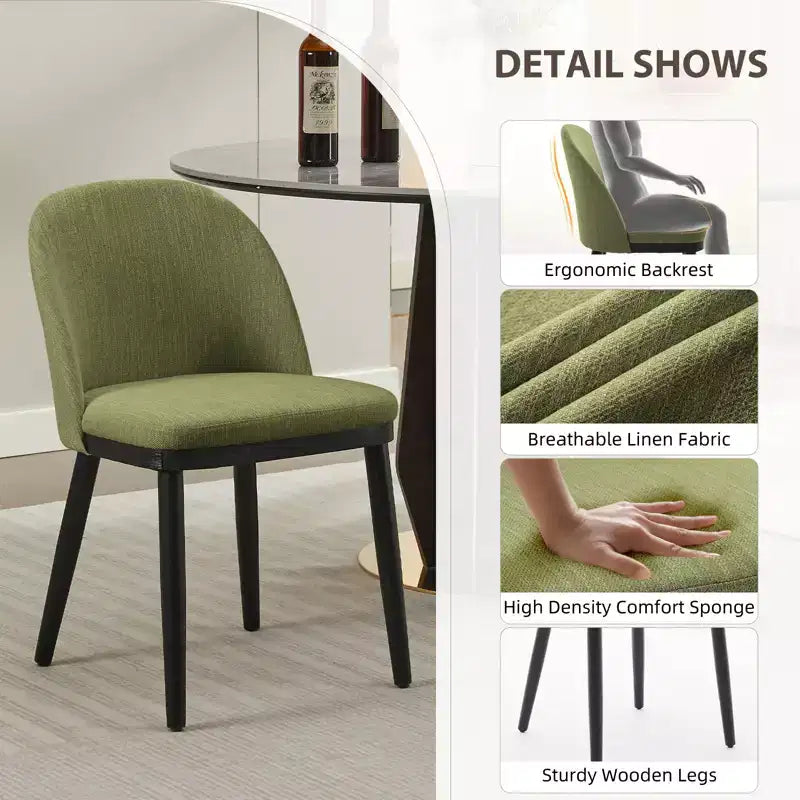Set di 2 sedie da pranzo senza braccioli con schienale curvo e gambe in legno per ristorante/caffè, moderne rivestite in tessuto