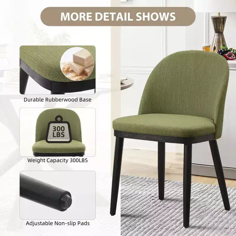 Set di 2 sedie da pranzo senza braccioli con schienale curvo e gambe in legno per ristorante/caffè, moderne rivestite in tessuto