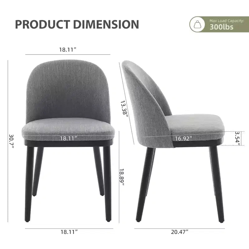 Set di 2 sedie da pranzo senza braccioli con schienale curvo e gambe in legno per ristorante/caffè, moderne rivestite in tessuto