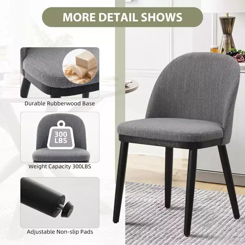 Set di 2 sedie da pranzo senza braccioli con schienale curvo e gambe in legno per ristorante/caffè, moderne rivestite in tessuto