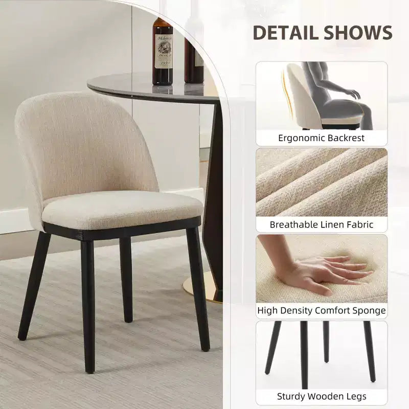 Set di 2 sedie da pranzo senza braccioli con schienale curvo e gambe in legno per ristorante/caffè, moderne rivestite in tessuto
