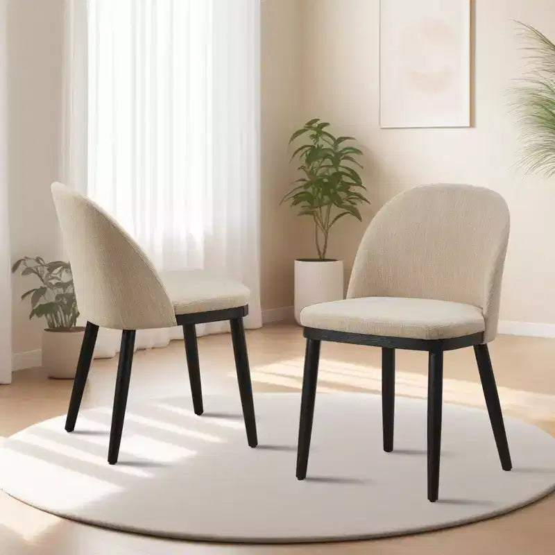 Set di 2 sedie da pranzo senza braccioli con schienale curvo e gambe in legno per ristorante/caffè, moderne rivestite in tessuto