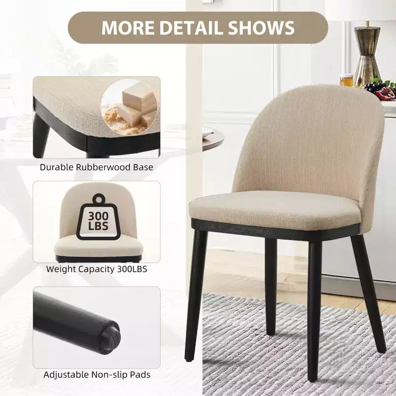 Set di 2 sedie da pranzo senza braccioli con schienale curvo e gambe in legno per ristorante/caffè, moderne rivestite in tessuto