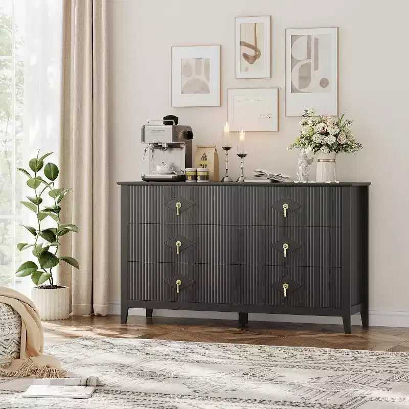 Comò da camera con 6 cassetti, comò moderno largo 137 cm con maniglie in metallo, mobile contenitore in legno per camera da letto, soggiorno, corridoio