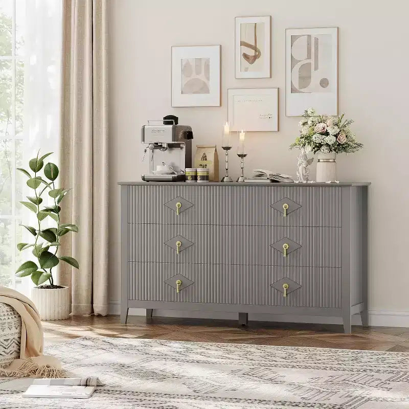 Comò da camera con 6 cassetti, comò moderno largo 137 cm con maniglie in metallo, mobile contenitore in legno per camera da letto, soggiorno, corridoio