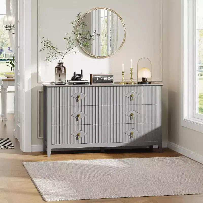 Comò da camera con 6 cassetti, comò moderno largo 137 cm con maniglie in metallo, mobile contenitore in legno per camera da letto, soggiorno, corridoio