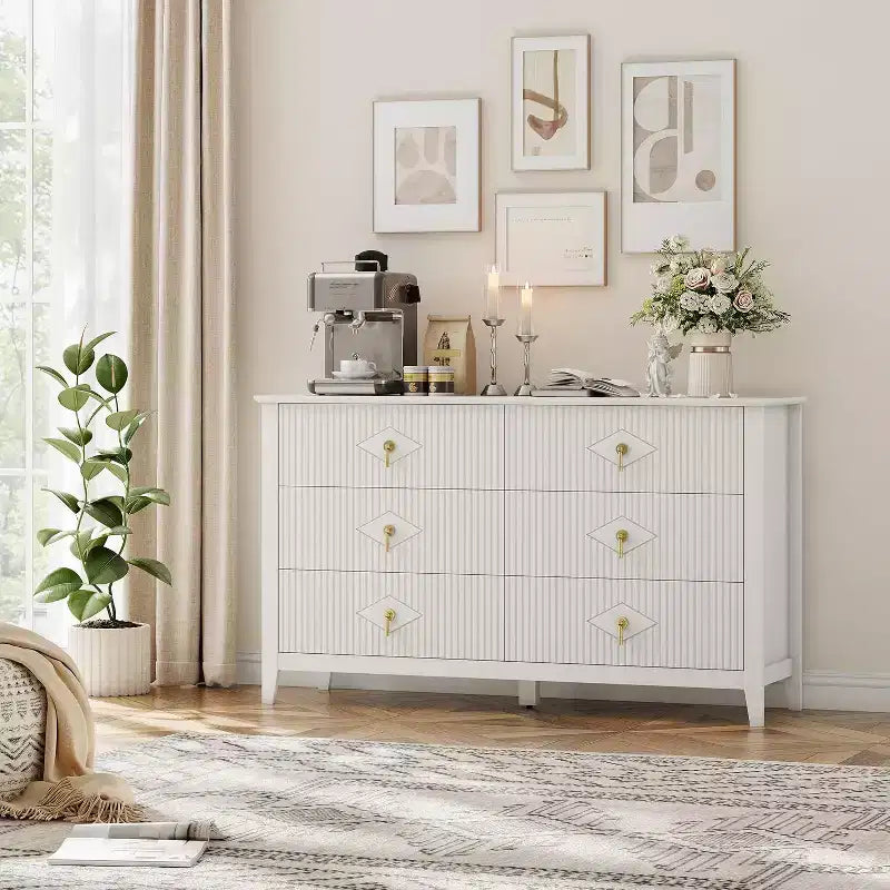 Comò da camera con 6 cassetti, comò moderno largo 137 cm con maniglie in metallo, mobile contenitore in legno per camera da letto, soggiorno, corridoio