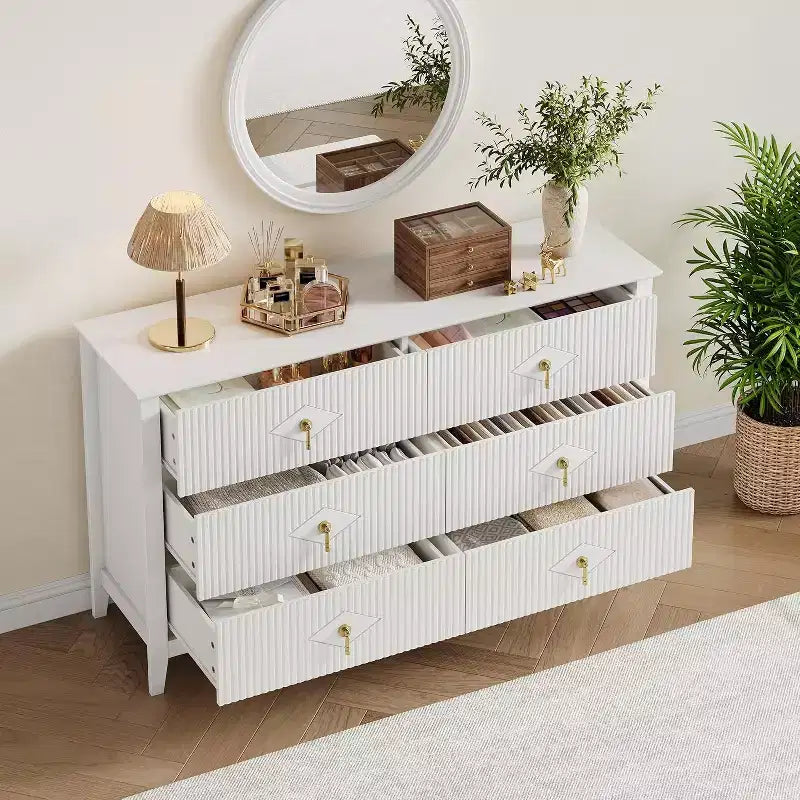 Comò da camera con 6 cassetti, comò moderno largo 137 cm con maniglie in metallo, mobile contenitore in legno per camera da letto, soggiorno, corridoio