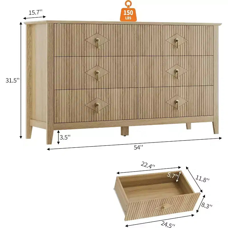 Comò da camera con 6 cassetti, comò moderno largo 137 cm con maniglie in metallo, mobile contenitore in legno per camera da letto, soggiorno, corridoio