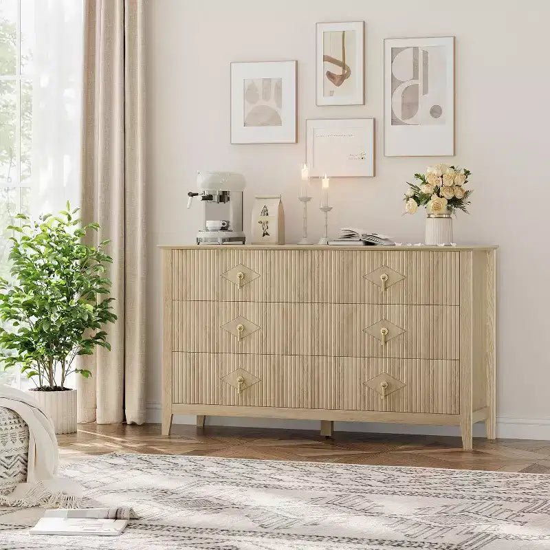 Comò da camera con 6 cassetti, comò moderno largo 137 cm con maniglie in metallo, mobile contenitore in legno per camera da letto, soggiorno, corridoio