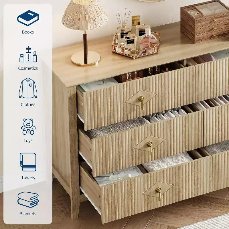 Comò da camera con 6 cassetti, comò moderno largo 137 cm con maniglie in metallo, mobile contenitore in legno per camera da letto, soggiorno, corridoio