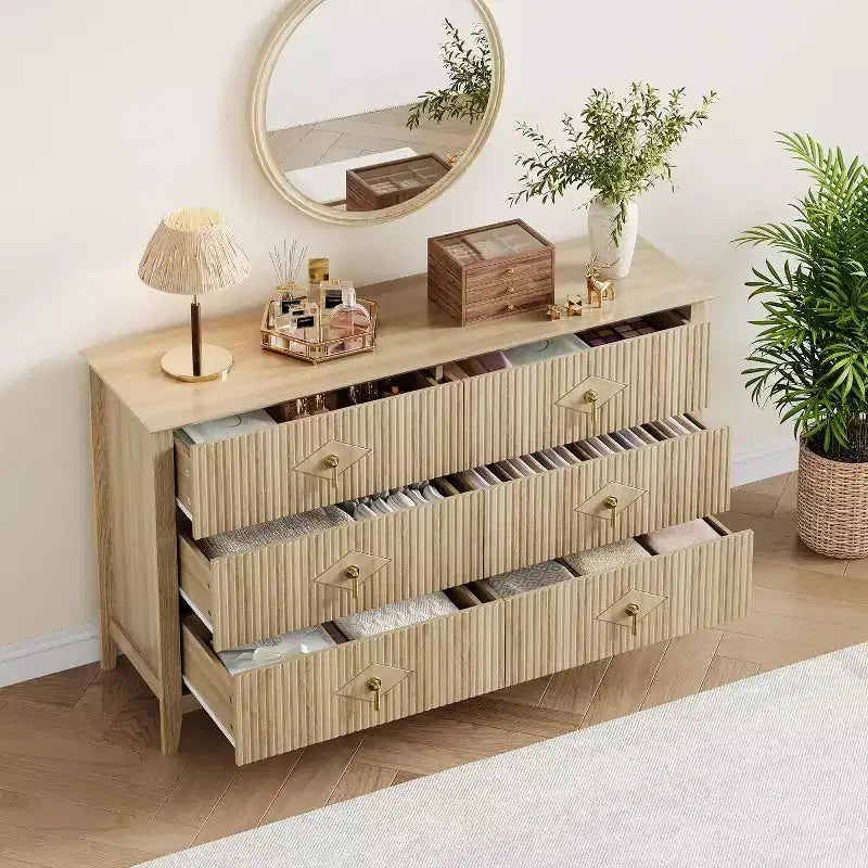 Comò da camera con 6 cassetti, comò moderno largo 137 cm con maniglie in metallo, mobile contenitore in legno per camera da letto, soggiorno, corridoio