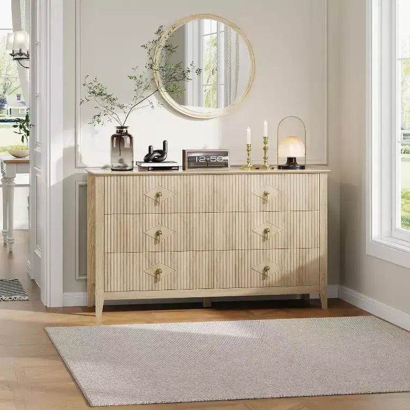 Comò da camera con 6 cassetti, comò moderno largo 137 cm con maniglie in metallo, mobile contenitore in legno per camera da letto, soggiorno, corridoio