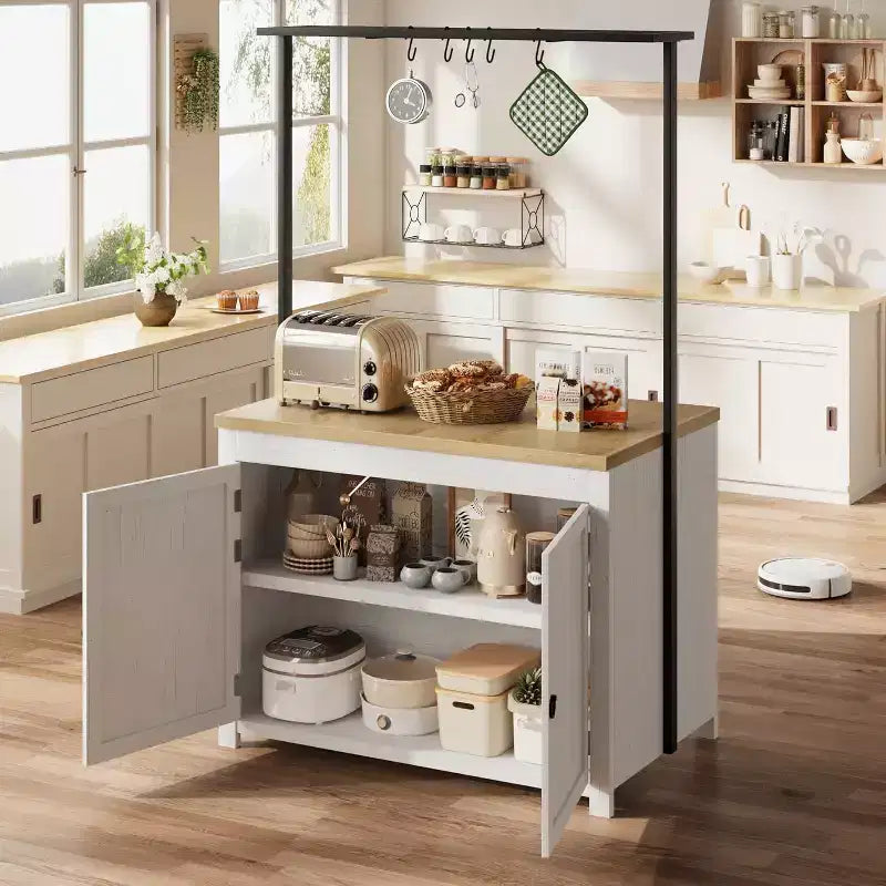 COZONY Isola per cucina 42 Nera e Naturale con Ripostiglio, Carrello da Cucina Mobile con Piano in Legno, Ripiani e Ganci
