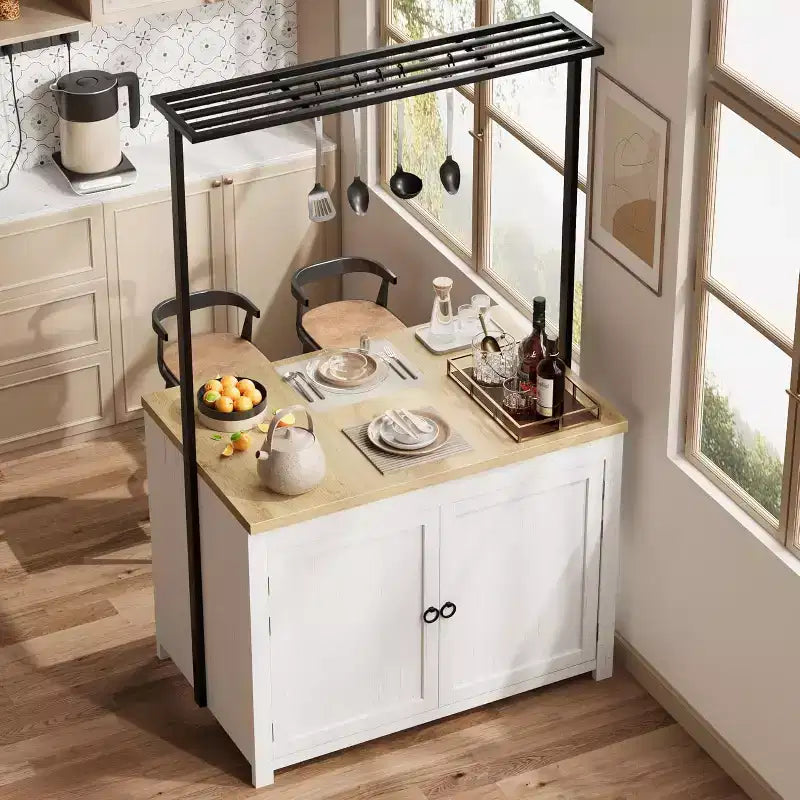 COZONY Isola per cucina 42 Nera e Naturale con Ripostiglio, Carrello da Cucina Mobile con Piano in Legno, Ripiani e Ganci