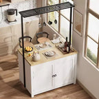 COZONY Isola per cucina 42 Nera e Naturale con Ripostiglio, Carrello da Cucina Mobile con Piano in Legno, Ripiani e Ganci