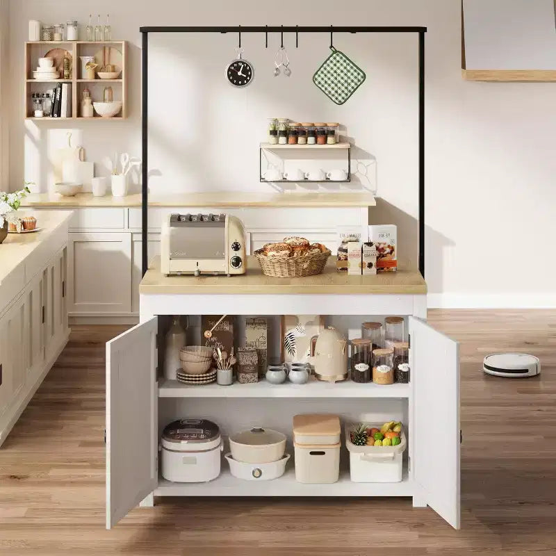 COZONY Isola per cucina 42 Nera e Naturale con Ripostiglio, Carrello da Cucina Mobile con Piano in Legno, Ripiani e Ganci