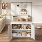 COZONY Isola per cucina 42 Nera e Naturale con Ripostiglio, Carrello da Cucina Mobile con Piano in Legno, Ripiani e Ganci