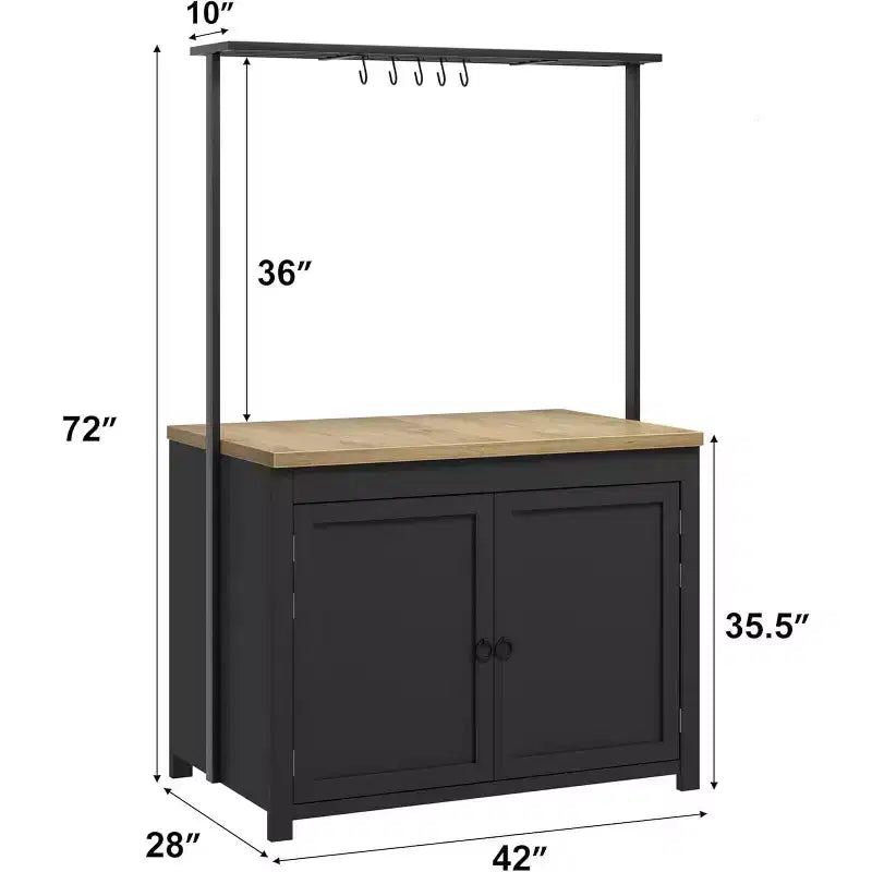 COZONY Isola per cucina 42 Nera e Naturale con Ripostiglio, Carrello da Cucina Mobile con Piano in Legno, Ripiani e Ganci