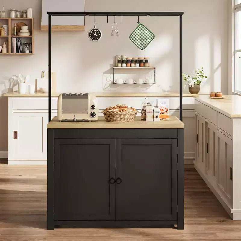 COZONY Isola per cucina 42 Nera e Naturale con Ripostiglio, Carrello da Cucina Mobile con Piano in Legno, Ripiani e Ganci