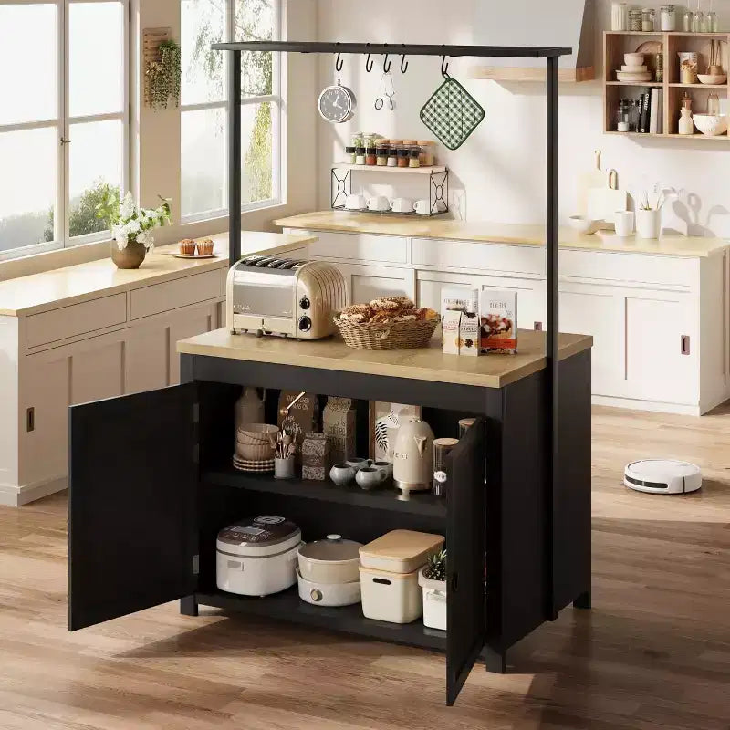 COZONY Isola per cucina 42 Nera e Naturale con Ripostiglio, Carrello da Cucina Mobile con Piano in Legno, Ripiani e Ganci
