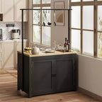 COZONY Isola per cucina 42 Nera e Naturale con Ripostiglio, Carrello da Cucina Mobile con Piano in Legno, Ripiani e Ganci