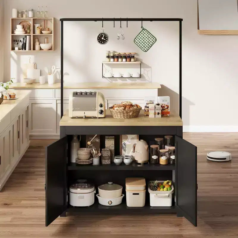 COZONY Isola per cucina 42 Nera e Naturale con Ripostiglio, Carrello da Cucina Mobile con Piano in Legno, Ripiani e Ganci