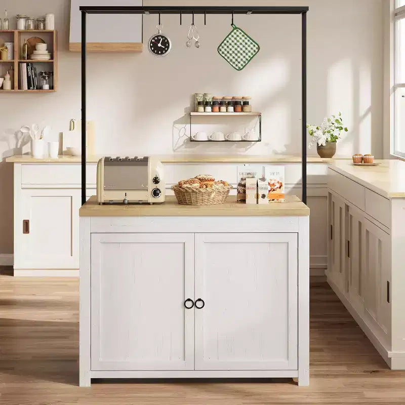 COZONY Isola per cucina 42 Nera e Naturale con Ripostiglio, Carrello da Cucina Mobile con Piano in Legno, Ripiani e Ganci