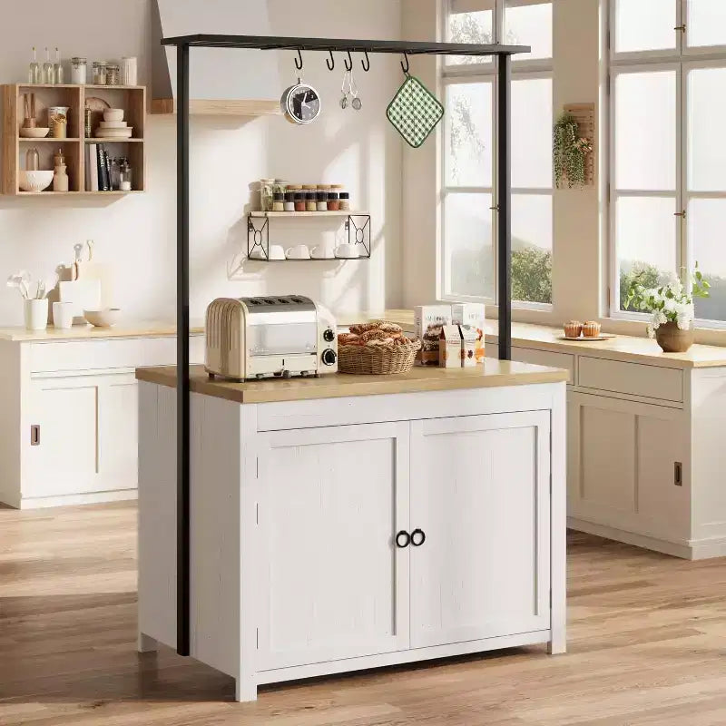 COZONY Isola per cucina 42 Nera e Naturale con Ripostiglio, Carrello da Cucina Mobile con Piano in Legno, Ripiani e Ganci