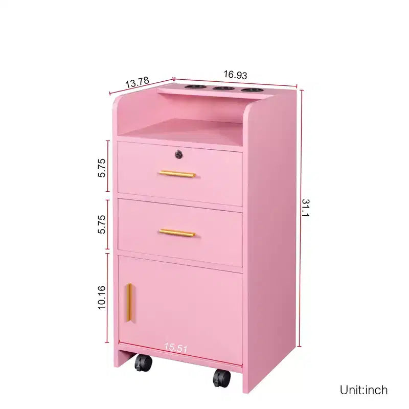 GDFStudio Estelle Mobiletto Moderno per Salone di Bellezza con 3 Supporti per Asciugacapelli, 2 Cassetti, 1 Anta e Ruote