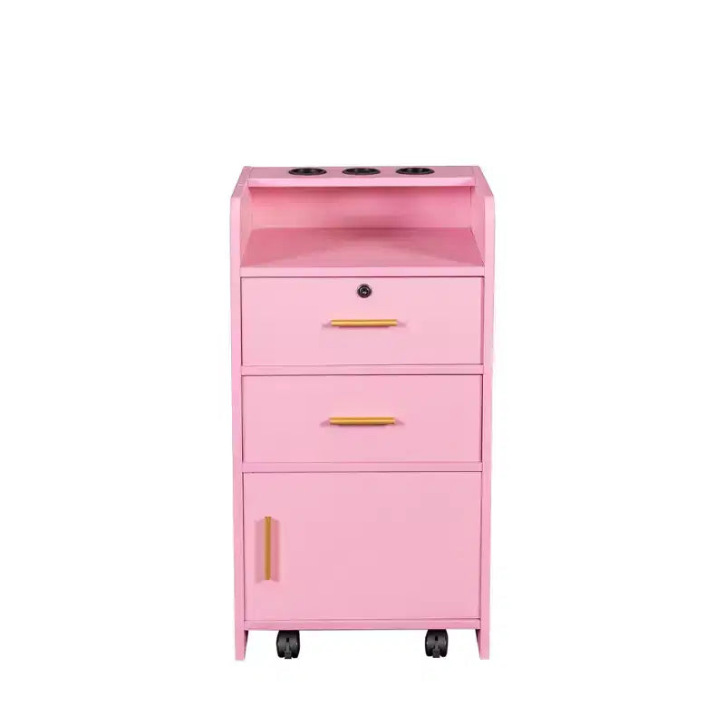 GDFStudio Estelle Mobiletto Moderno per Salone di Bellezza con 3 Supporti per Asciugacapelli, 2 Cassetti, 1 Anta e Ruote