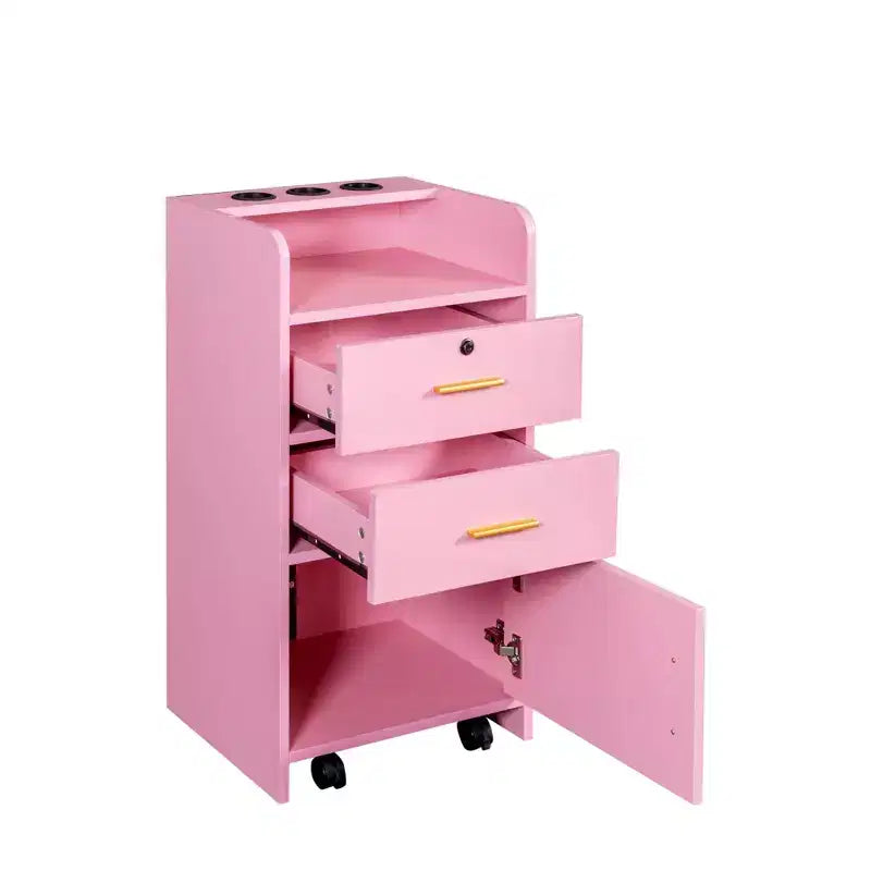 GDFStudio Estelle Mobiletto Moderno per Salone di Bellezza con 3 Supporti per Asciugacapelli, 2 Cassetti, 1 Anta e Ruote