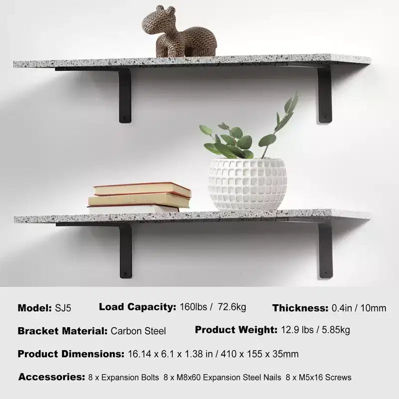 VEVOR Staffa per Ripiani, 16 x 6 pollici, 4 Pezzi, Staffe Galleggianti Resistenti, Staffe per Scaffali, Staffe a L Nere Opache Spesse 10mm, Nere