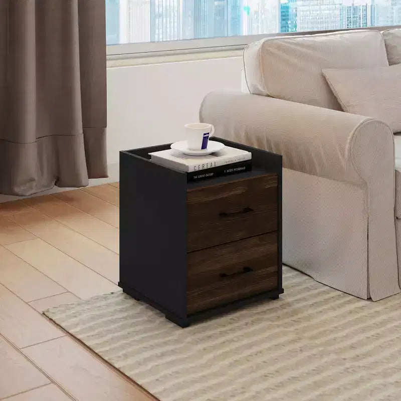 Comodino moderno a 2 cassetti HOMLUX con tavolo laterale, colore marrone