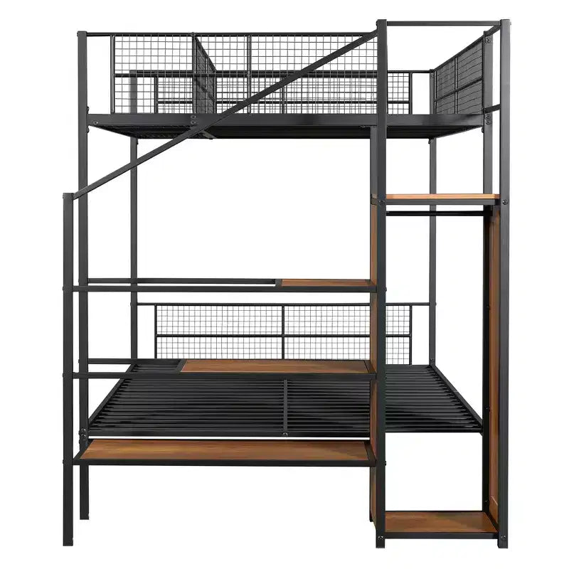 Bellemave Letto a castello in metalloLetto a castello con scale contenitore e armadio, letto a castello per adulti/bambini/ragazzi, nero