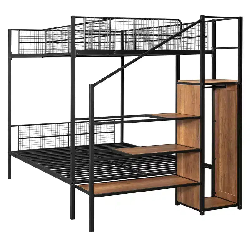 Bellemave Letto a castello in metalloLetto a castello con scale contenitore e armadio, letto a castello per adulti/bambini/ragazzi, nero