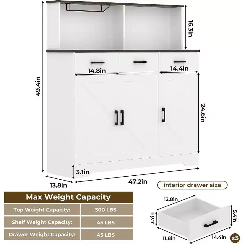 Credenza con Contenitore da 47,2 Pollici, Mobile Contenitore Grande in Legno con 3 Ante, 3 Cassetti e 1 Piano, Adatto per Sala da Pranzo, Soggiorno