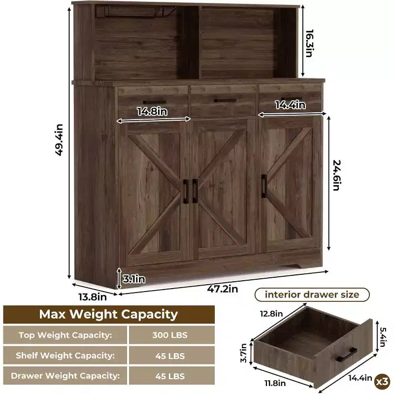 Credenza con Contenitore da 47,2 Pollici, Mobile Contenitore Grande in Legno con 3 Ante, 3 Cassetti e 1 Piano, Adatto per Sala da Pranzo, Soggiorno
