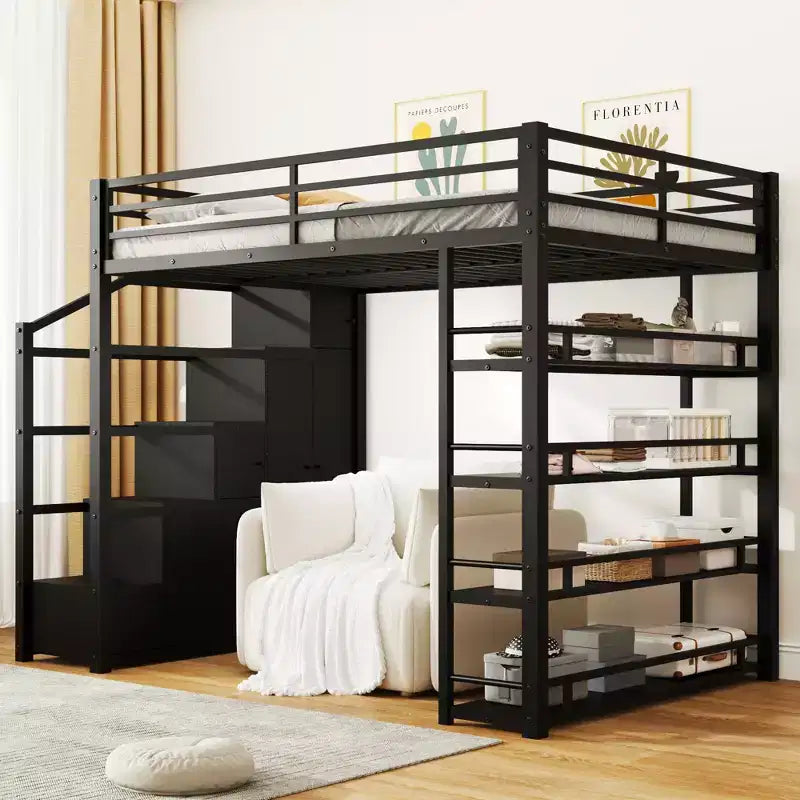 Bellemave Letto a soppalco matrimoniale con mensole e armadietti, Struttura letto a soppalco in metallo con scale contenitore e armadio per ragazzi e adulti, Nero