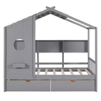Bellemave Twin Size House Bed with Storage Drawers,Kids House Bed Frame with Shelves, Cute Wood House Bed Twin with Roof for Kids,Girls,Boys,Gray