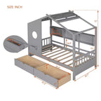 Bellemave Letto a capanna singolo con cassetti portaoggetti, telaio letto a capanna per bambini con ripiani, simpatico letto a capanna singolo in legno con tetto per bambini, bambine, bambini, grigio