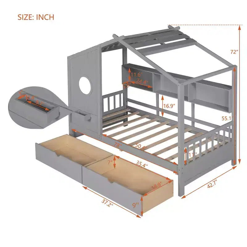 Bellemave Letto a capanna singolo con cassetti portaoggetti, telaio letto a capanna per bambini con ripiani, simpatico letto a capanna singolo in legno con tetto per bambini, bambine, bambini, grigio