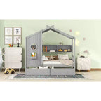 Bellemave Letto a capanna singolo con cassetti portaoggetti, telaio letto a capanna per bambini con ripiani, simpatico letto a capanna singolo in legno con tetto per bambini, bambine, bambini, grigio